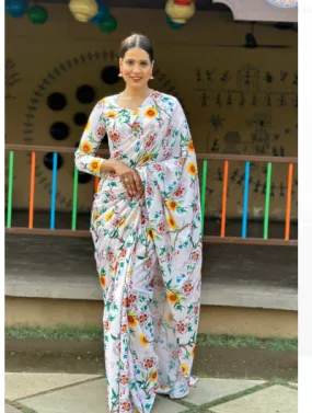 1 Min Floral Ready to Wear Chinon silk  Stitched Saree