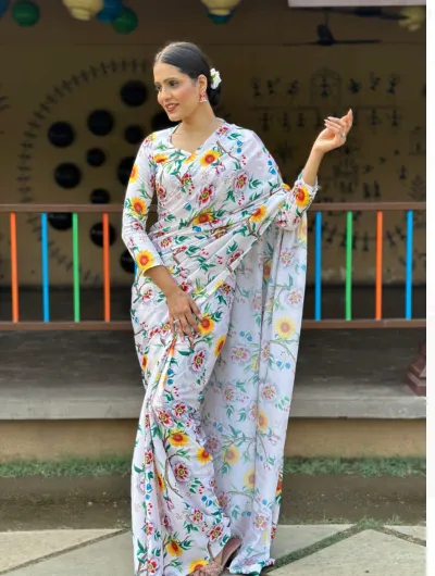 1 Min Floral Ready to Wear Chinon silk  Stitched Saree