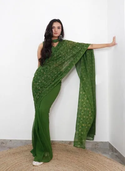 1 Min Green Georgette Bandhani Print Stitched Readymade Saree