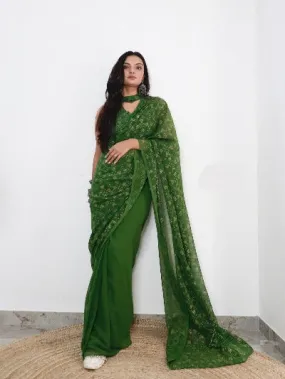 1 Min Green Georgette Bandhani Print Stitched Readymade Saree