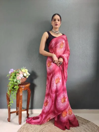 1 Min  Pink Nylon Printed Stitched Readymade Saree