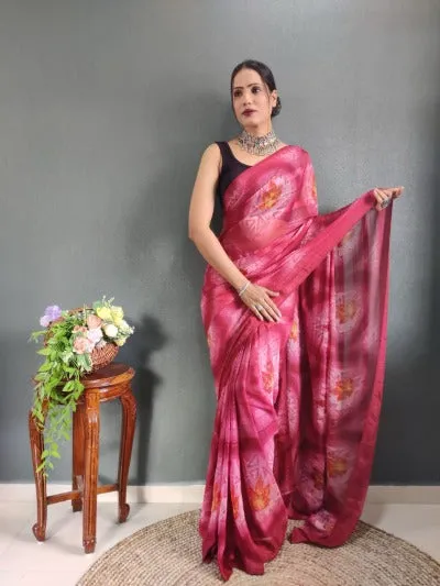 1 Min  Pink Nylon Printed Stitched Readymade Saree