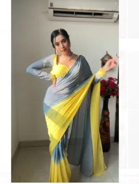 1 Min Ready to Wear Yellow Grey Stitched Saree