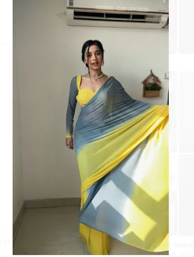 1 Min Ready to Wear Yellow Grey Stitched Saree