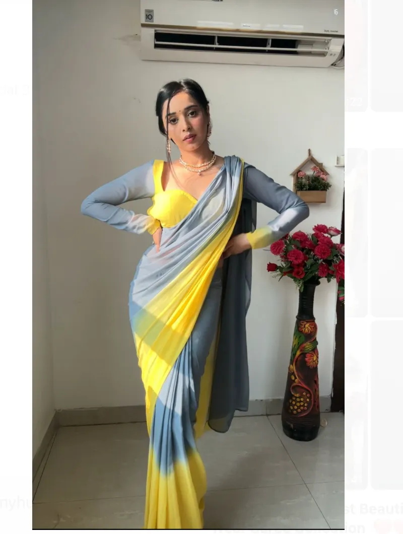 1 Min Ready to Wear Yellow Grey Stitched Saree