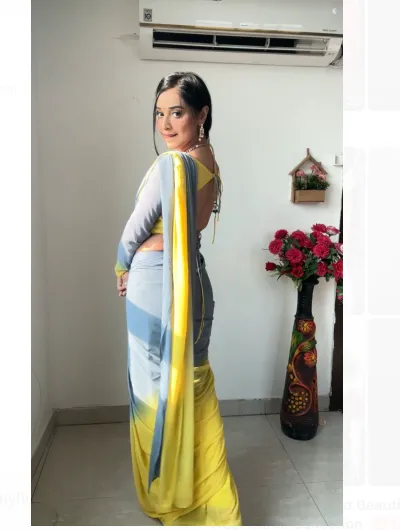 1 Min Ready to Wear Yellow Grey Stitched Saree