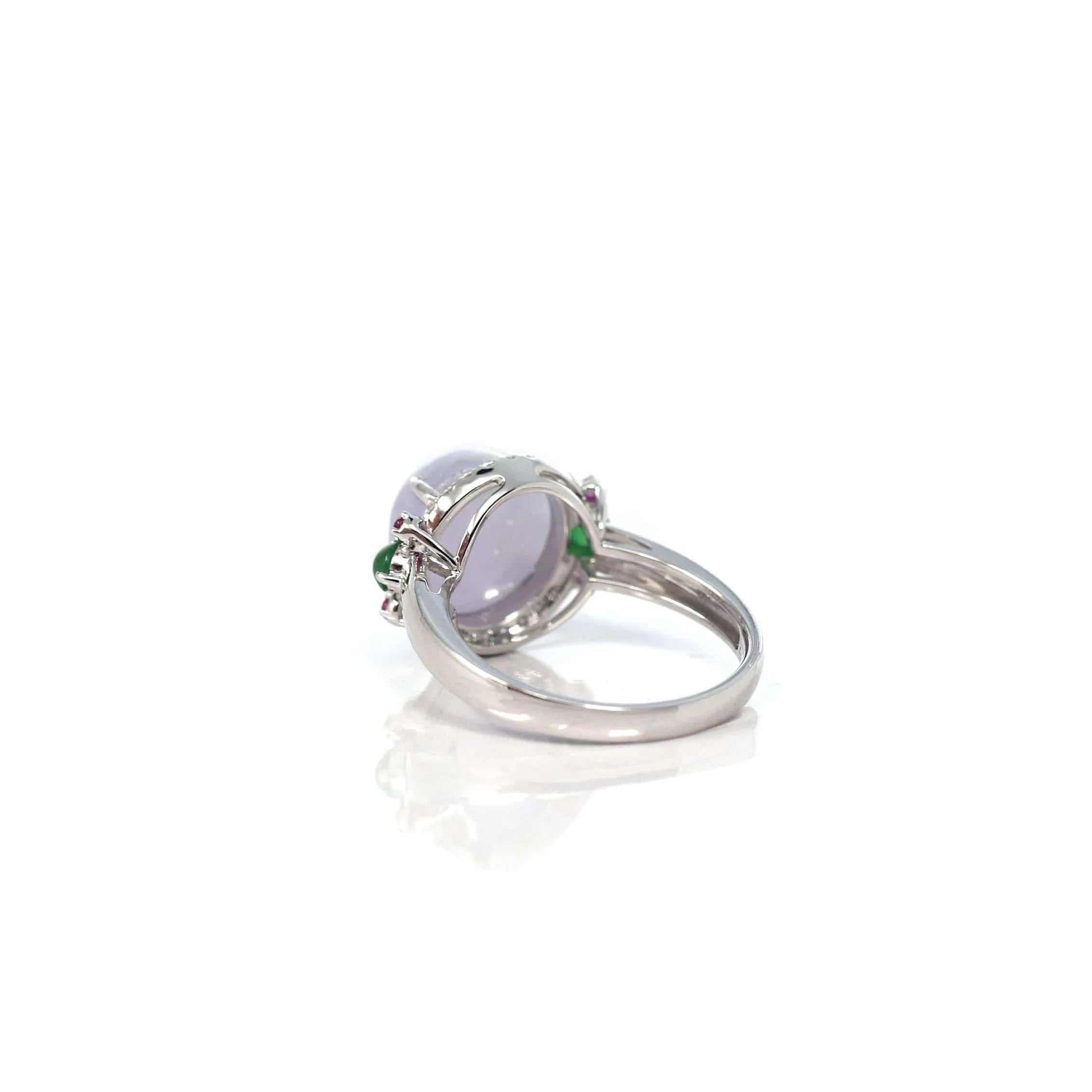 14k White Gold Natural Rich Lavender Oval Jadeite Jade Engagement Ring With Diamonds