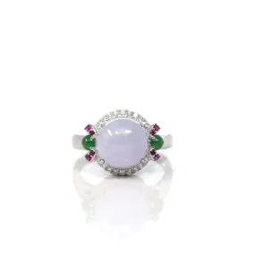 14k White Gold Natural Rich Lavender Oval Jadeite Jade Engagement Ring With Diamonds