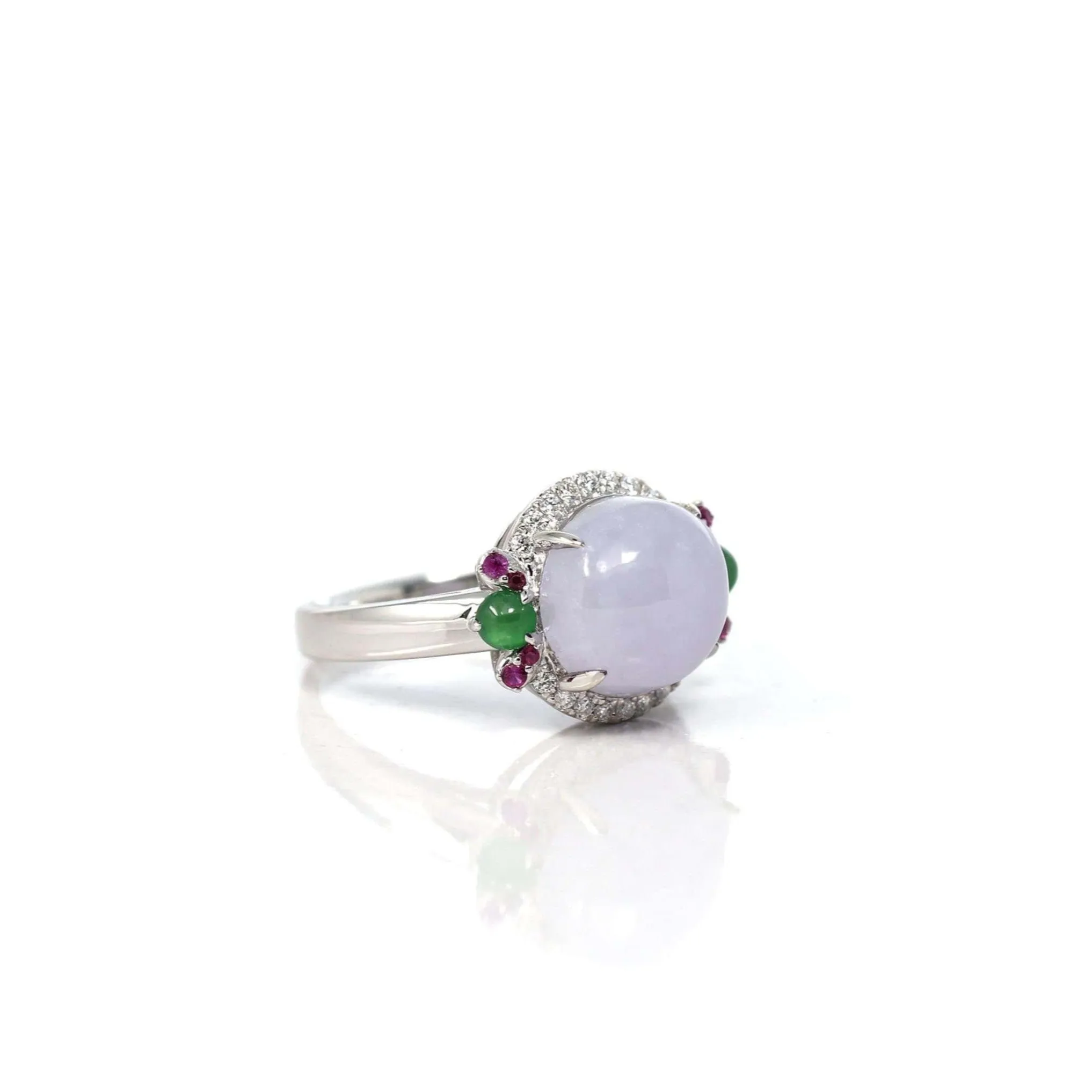 14k White Gold Natural Rich Lavender Oval Jadeite Jade Engagement Ring With Diamonds