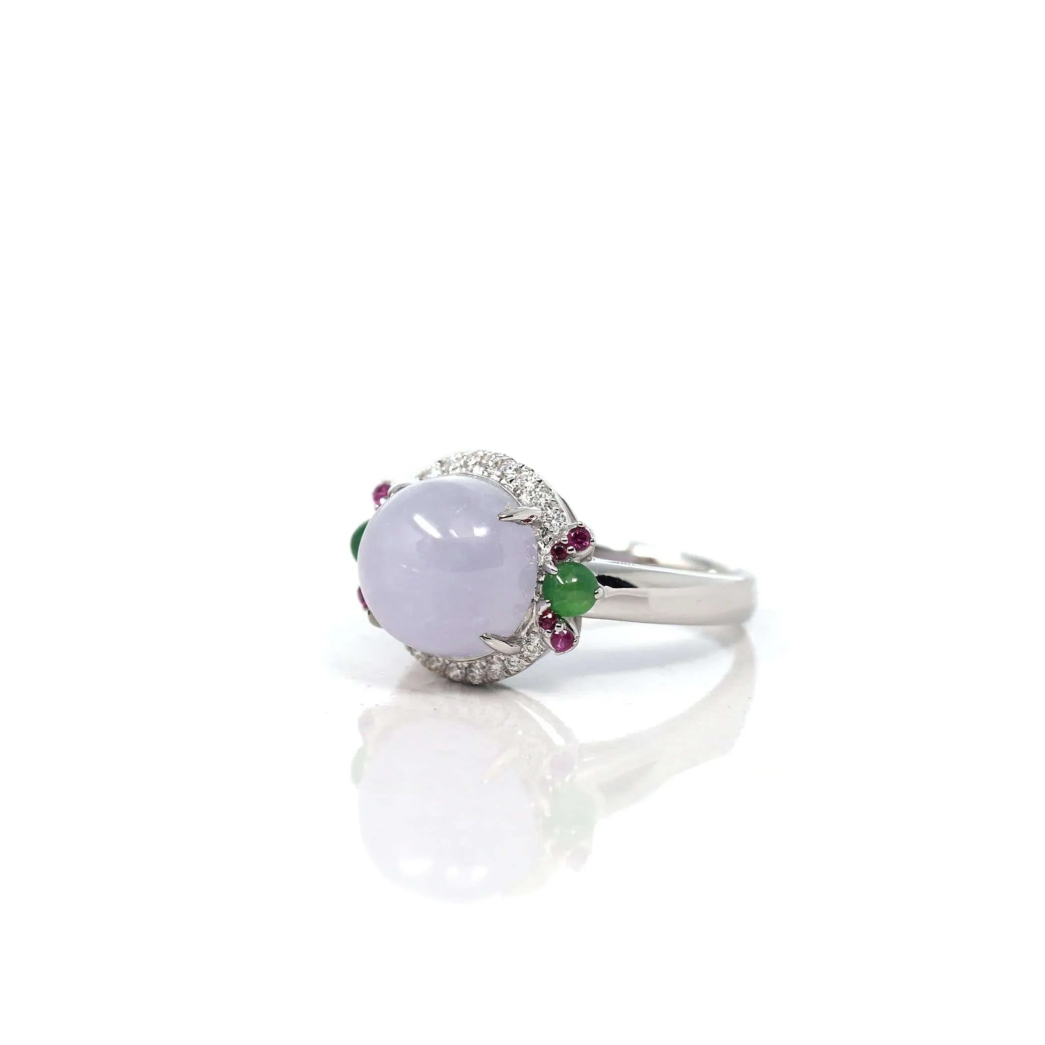 14k White Gold Natural Rich Lavender Oval Jadeite Jade Engagement Ring With Diamonds