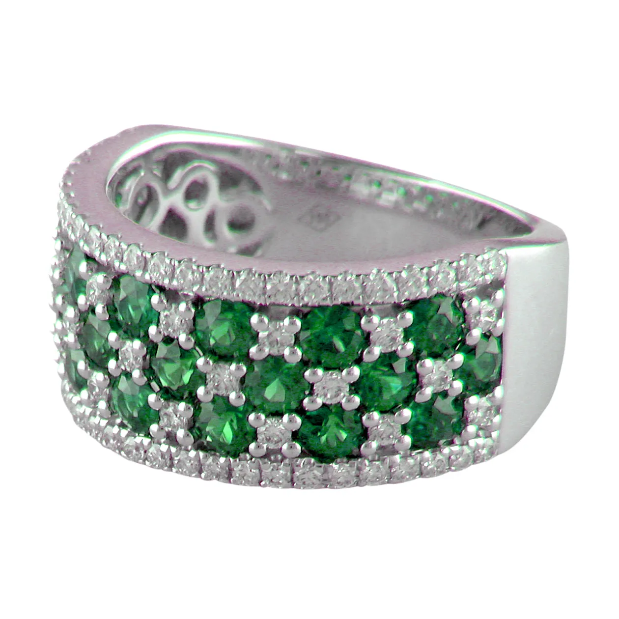 18K White Gold Emerald & Diamond Wide Right Hand Cocktail Ring