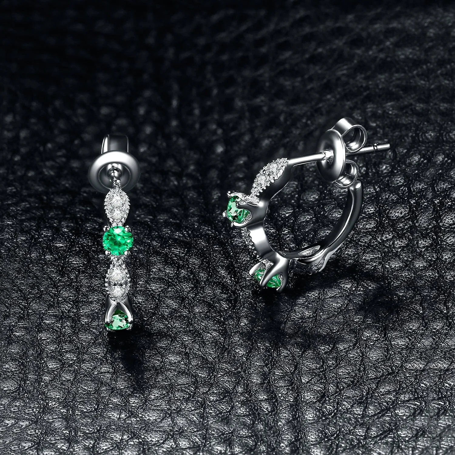 3 Stone Emerald Earrings - 925 Sterling Silver