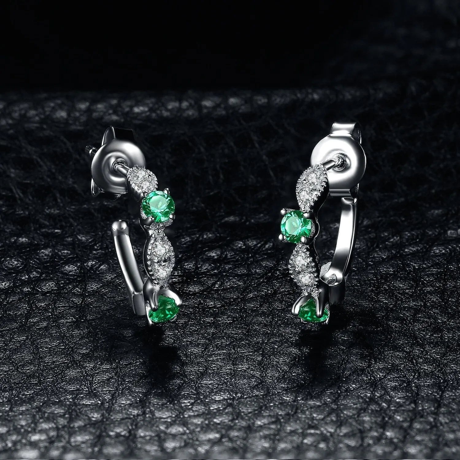 3 Stone Emerald Earrings - 925 Sterling Silver