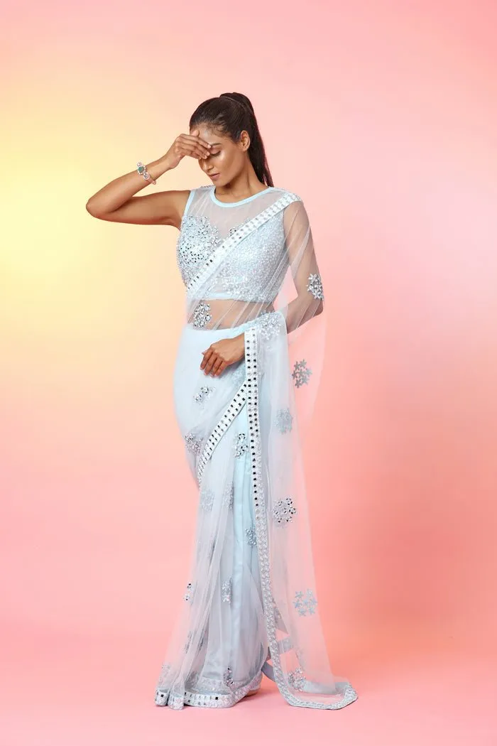 300697A-RO Powder Blue Mirror Work Saree with Designer Blouse