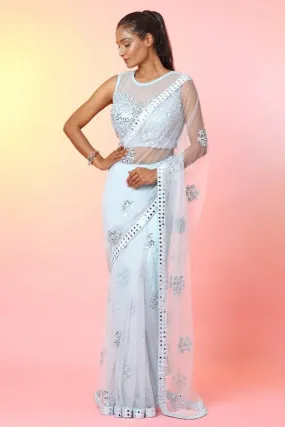 300697A-RO Powder Blue Mirror Work Saree with Designer Blouse