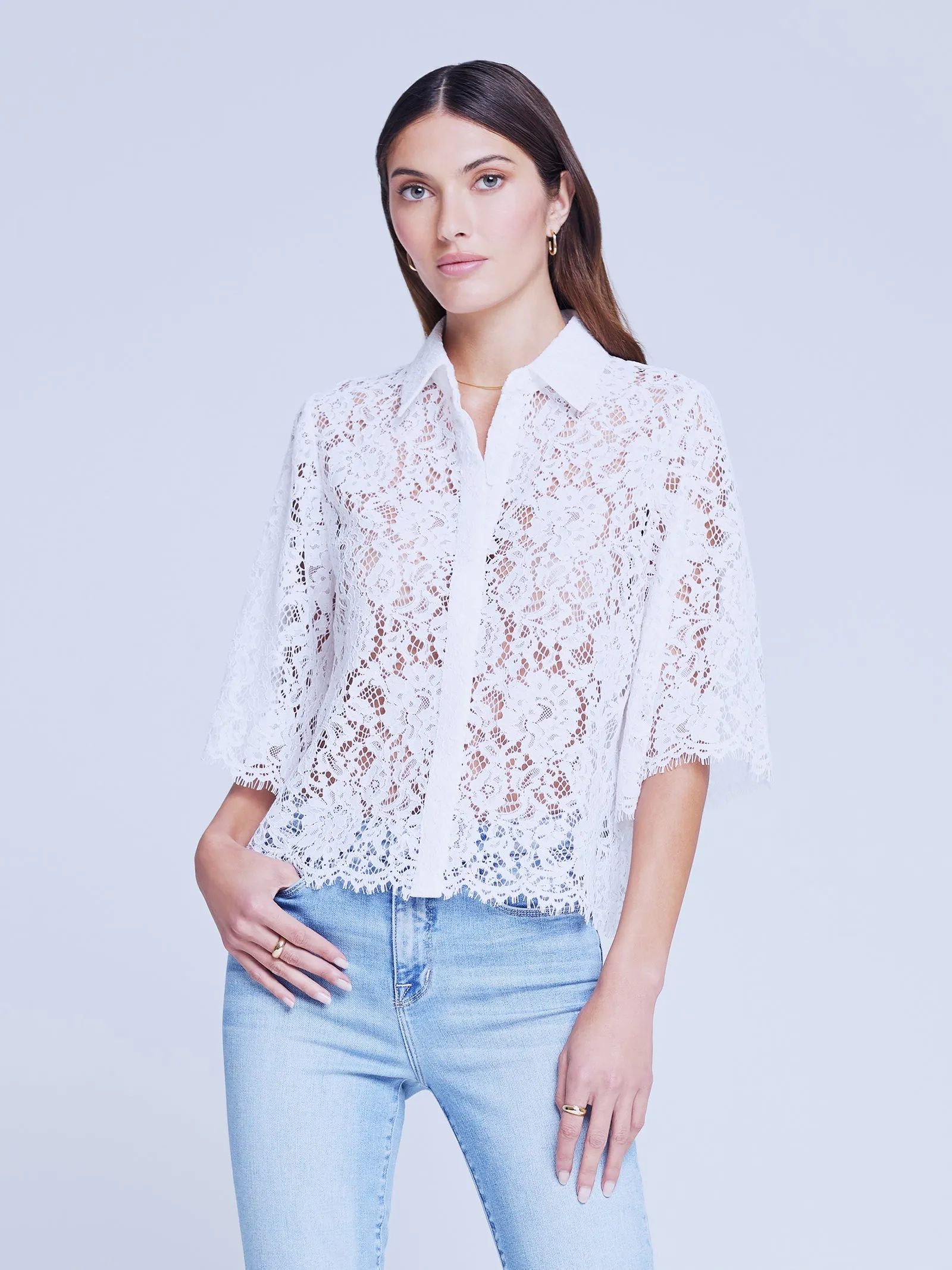 40526ackW L'AGENCE Fern Short sleeve Lace Shirt