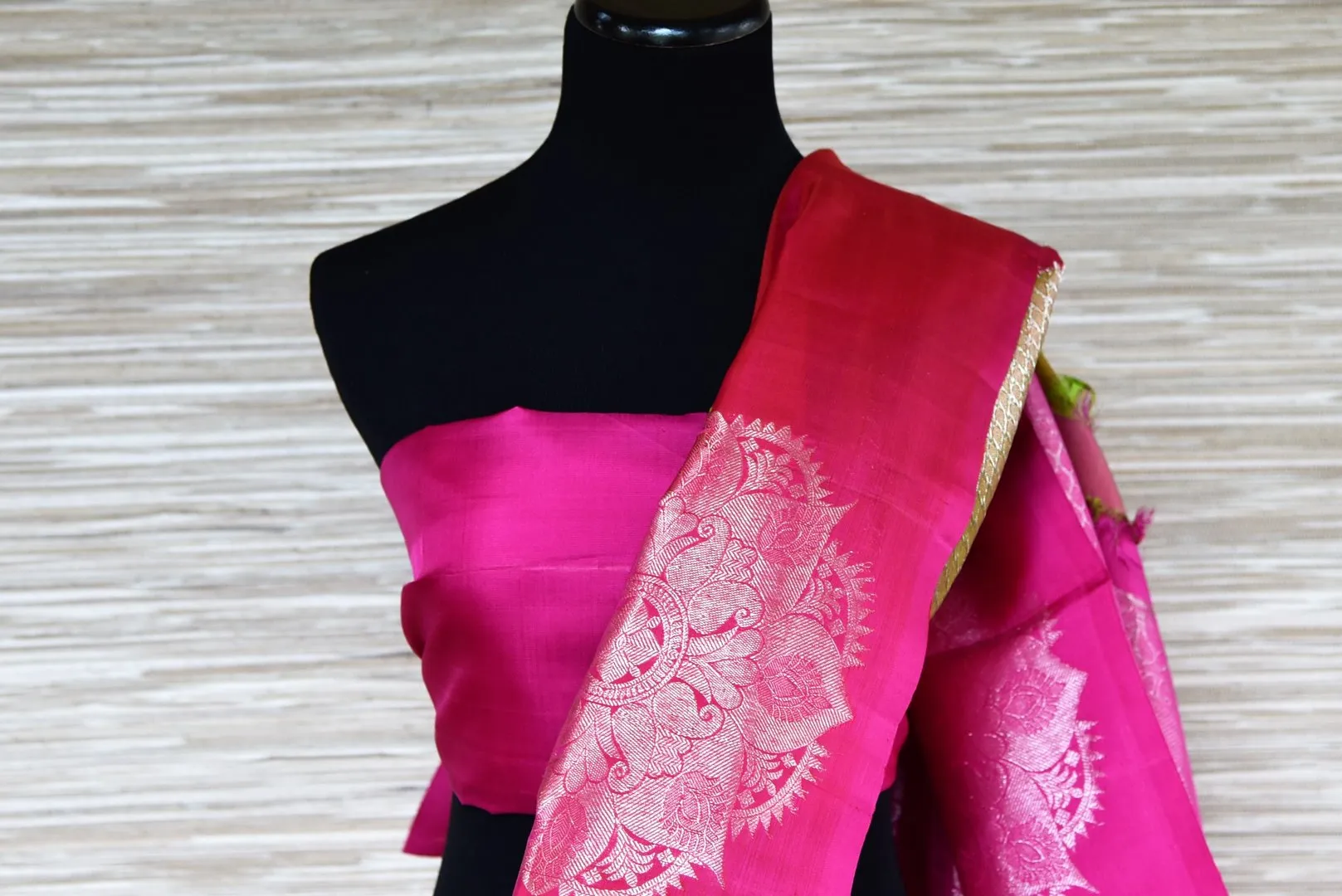 90I567 Green Zari Buta Kanjeevaram Sari with Pink Zari Buta Border