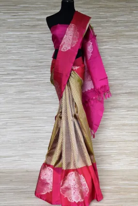 90I567 Green Zari Buta Kanjeevaram Sari with Pink Zari Buta Border