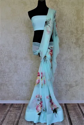 90I744 Pastel Blue Floral Georgette Saree