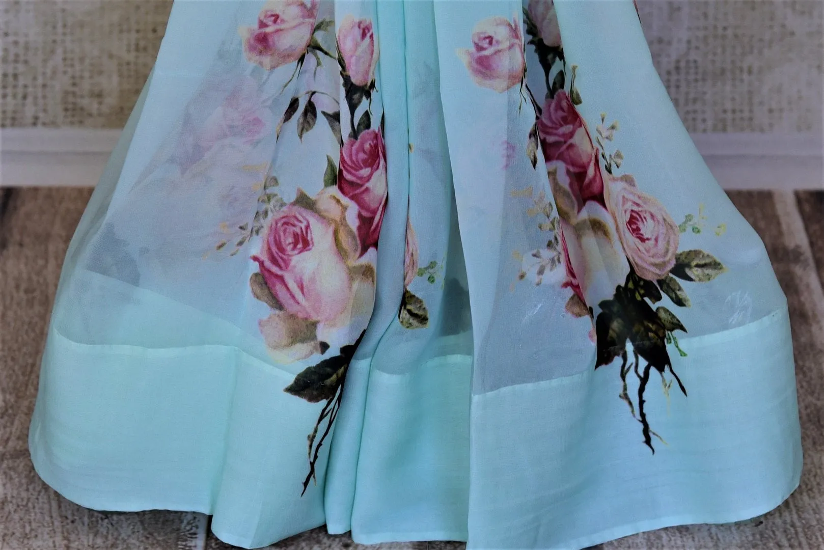 90I744 Pastel Blue Floral Georgette Saree