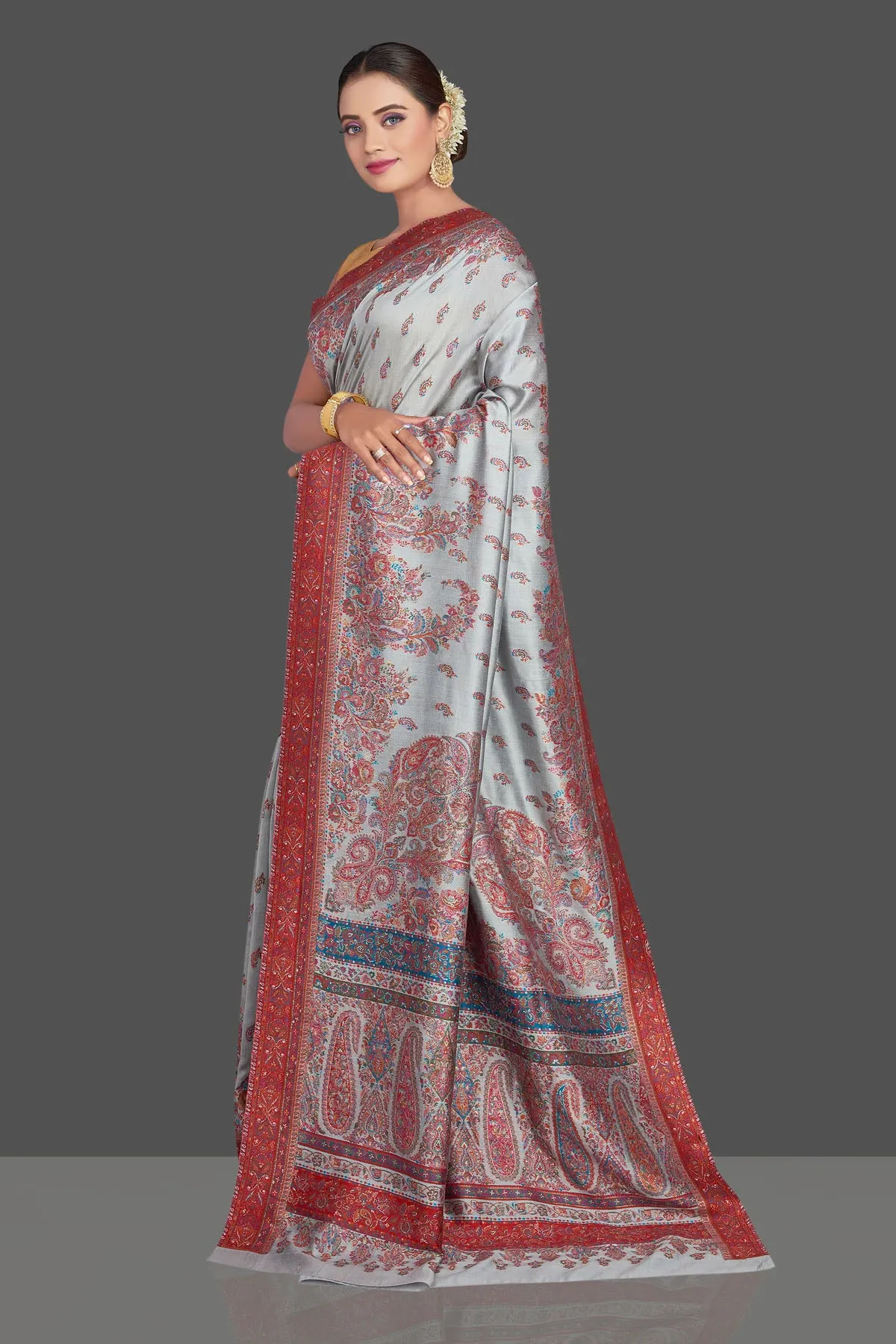 90K795-RO Light Grey Tussar Silk Saree with Kani Weave