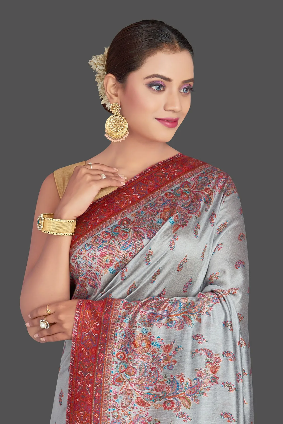 90K795-RO Light Grey Tussar Silk Saree with Kani Weave