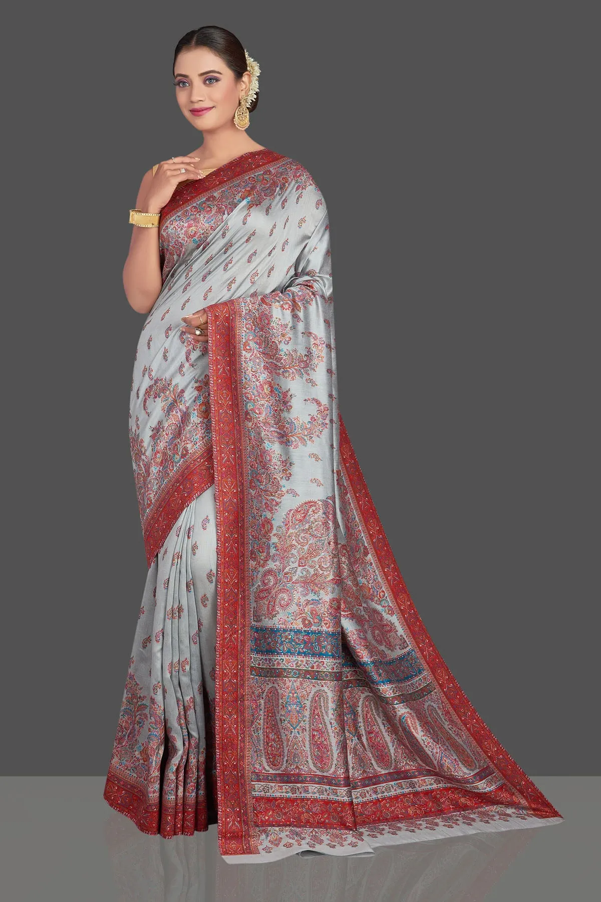 90K795-RO Light Grey Tussar Silk Saree with Kani Weave