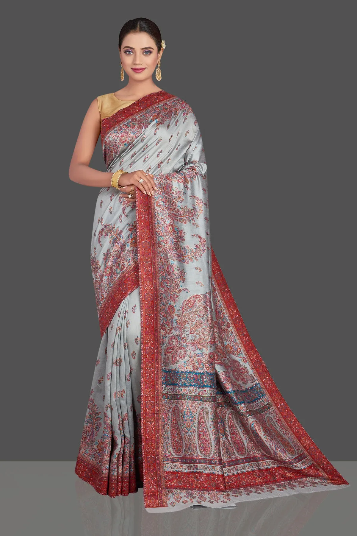 90K795-RO Light Grey Tussar Silk Saree with Kani Weave