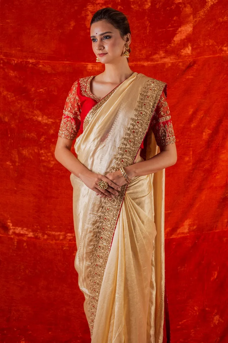 90Z032-RO Golden Embroidered Handloom Saree with Blouse