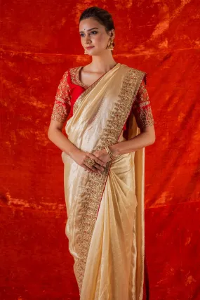 90Z032-RO Golden Embroidered Handloom Saree with Blouse