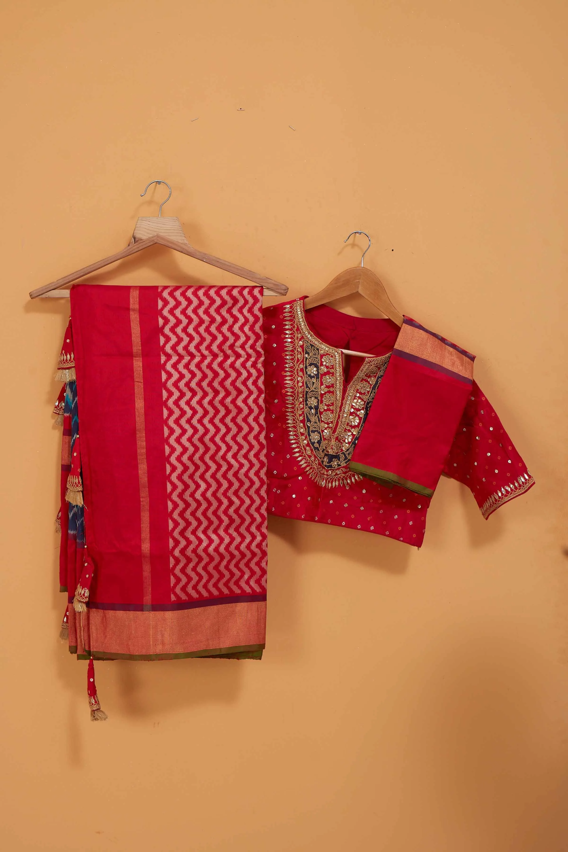 91A035 Blue Patola Silk Saree with Red Border and Saree Blouse