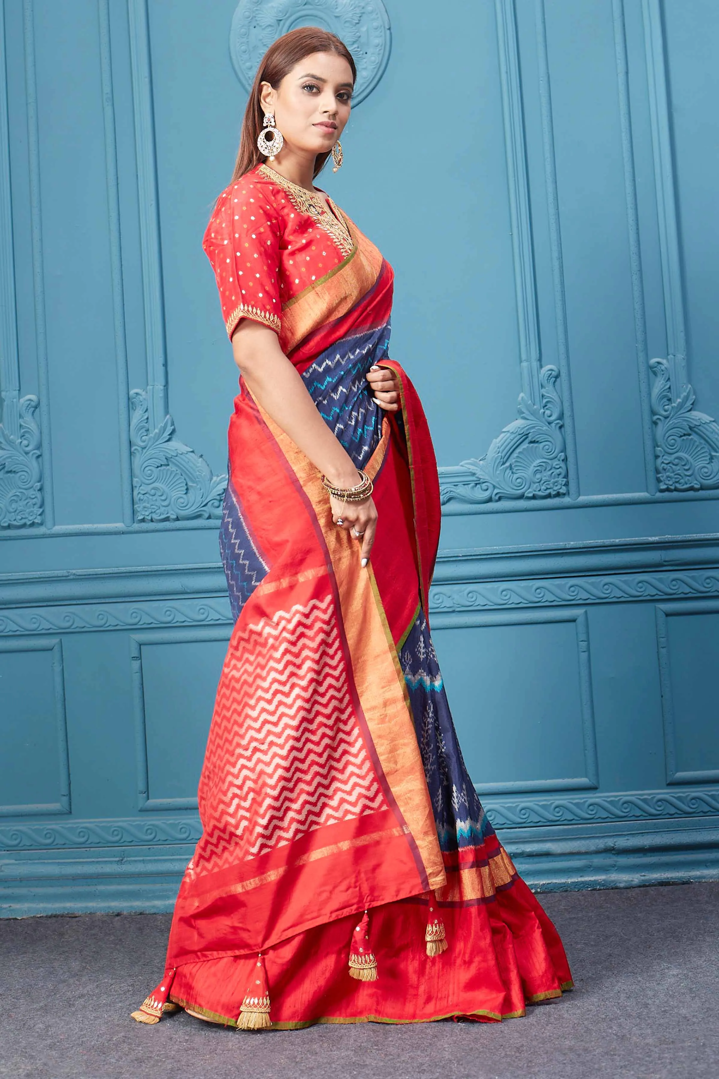 91A035 Blue Patola Silk Saree with Red Border and Saree Blouse