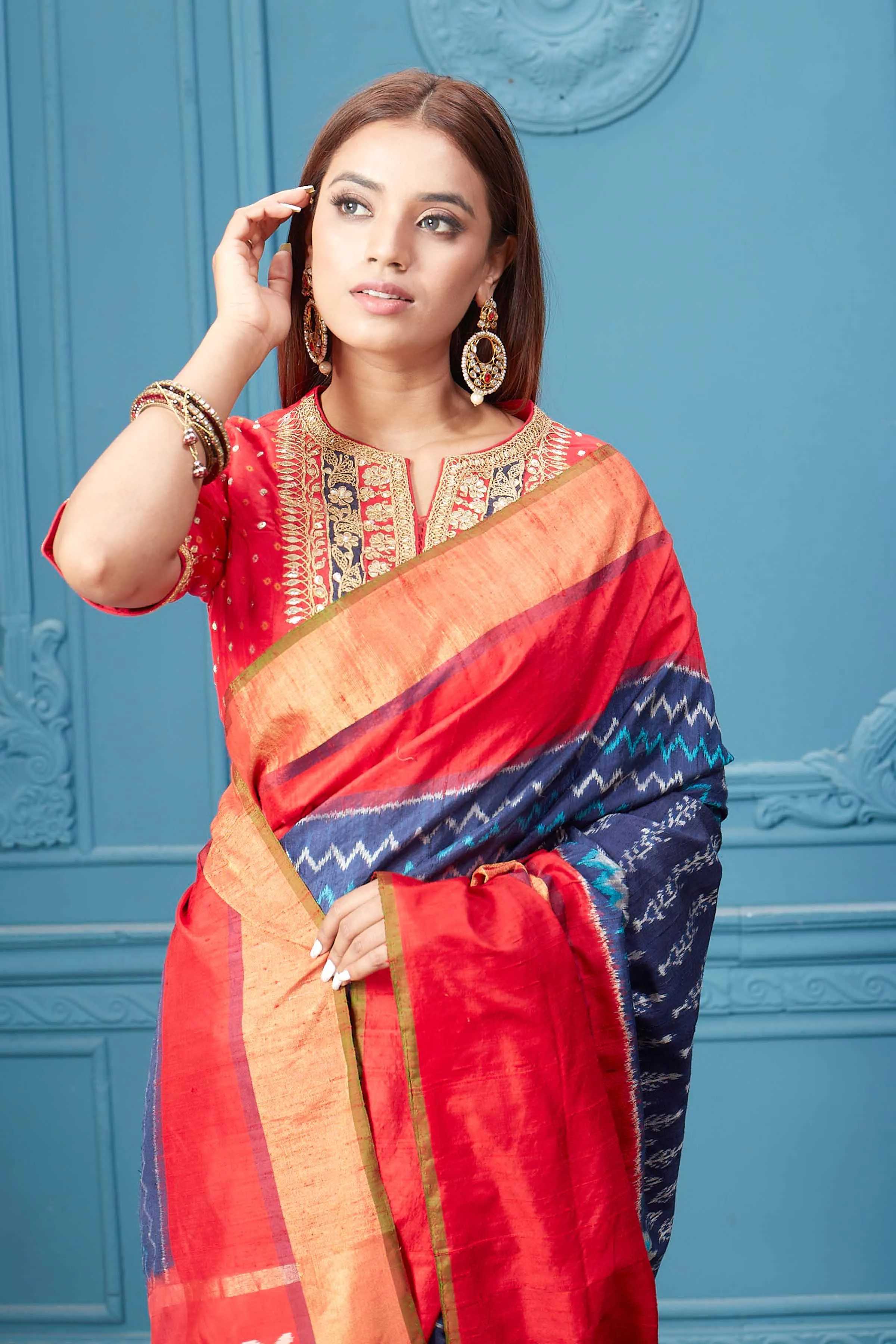 91A035 Blue Patola Silk Saree with Red Border and Saree Blouse