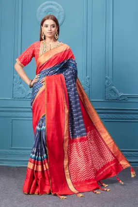 91A035 Blue Patola Silk Saree with Red Border and Saree Blouse