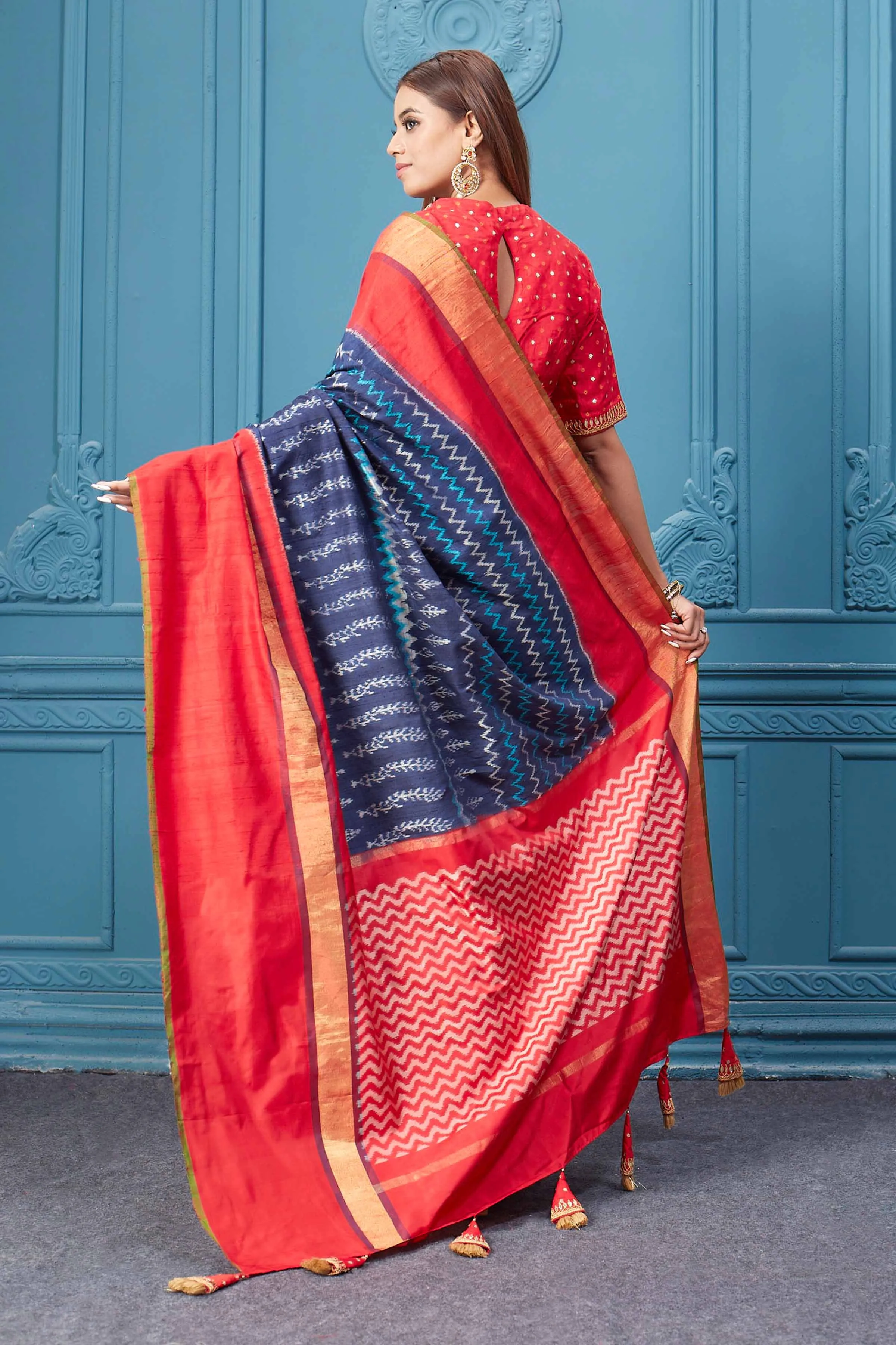 91A035 Blue Patola Silk Saree with Red Border and Saree Blouse