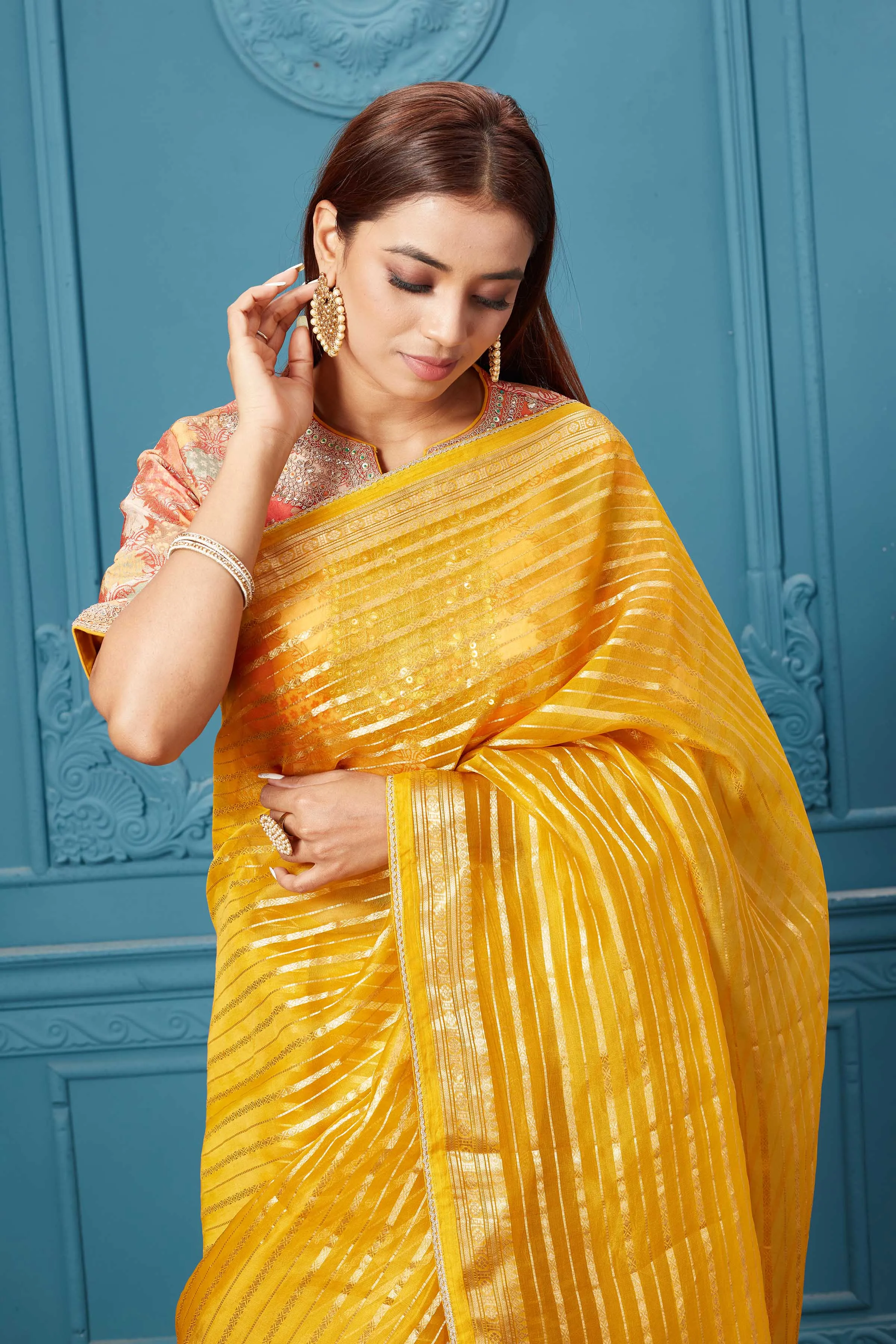 91A046 Yellow Stripes Tissue Kora Silk Saree with Red Saree Blouse