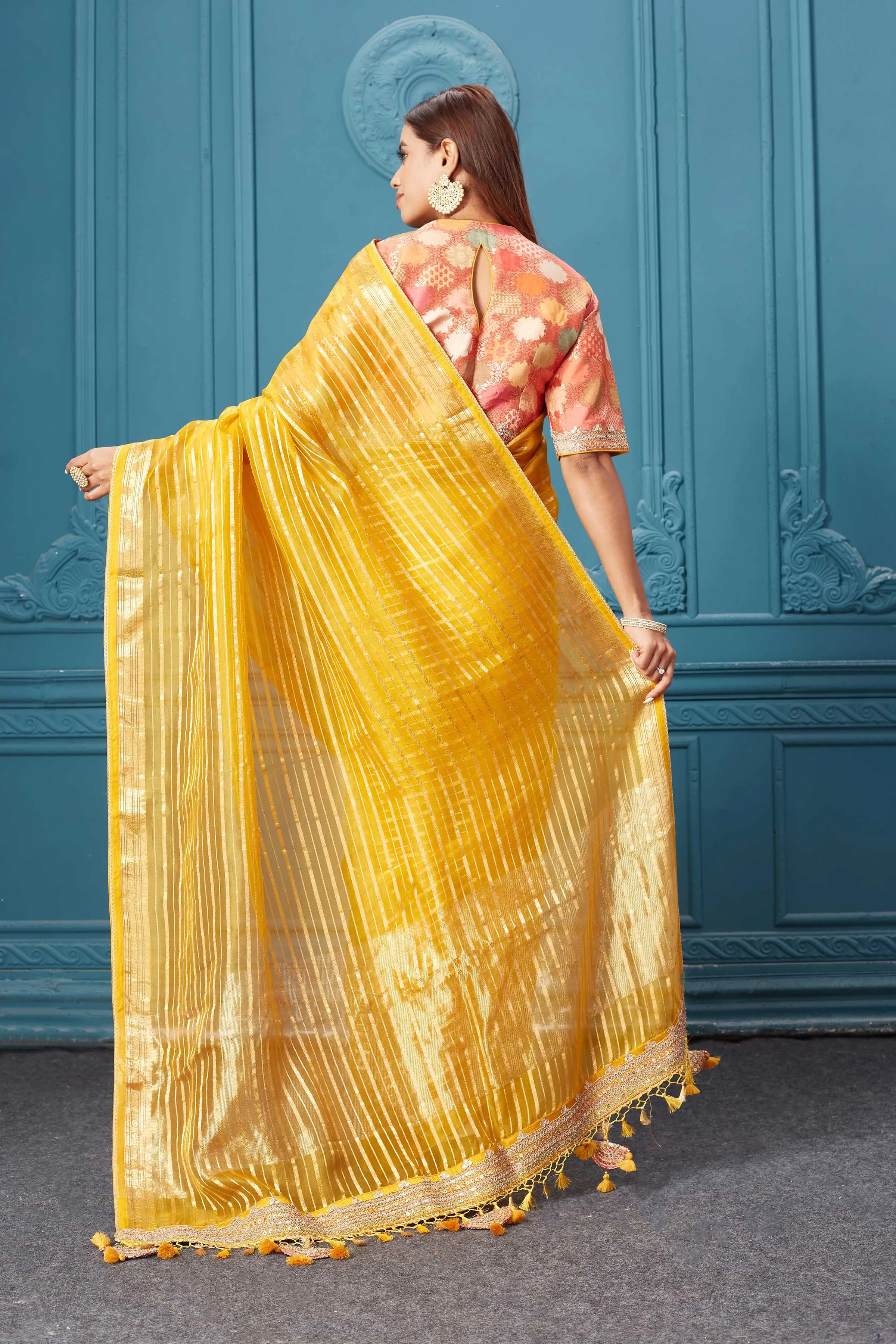 91A046 Yellow Stripes Tissue Kora Silk Saree with Red Saree Blouse