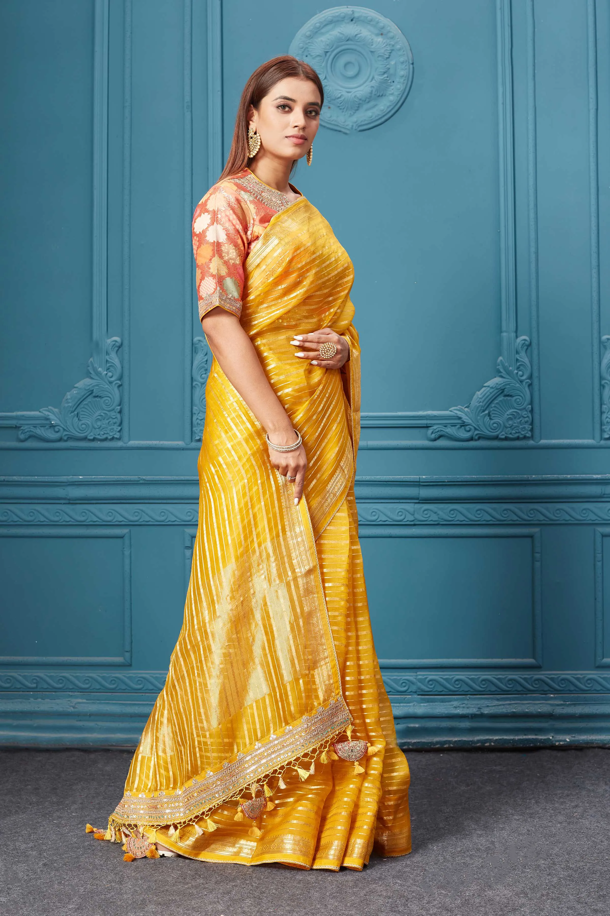 91A046 Yellow Stripes Tissue Kora Silk Saree with Red Saree Blouse