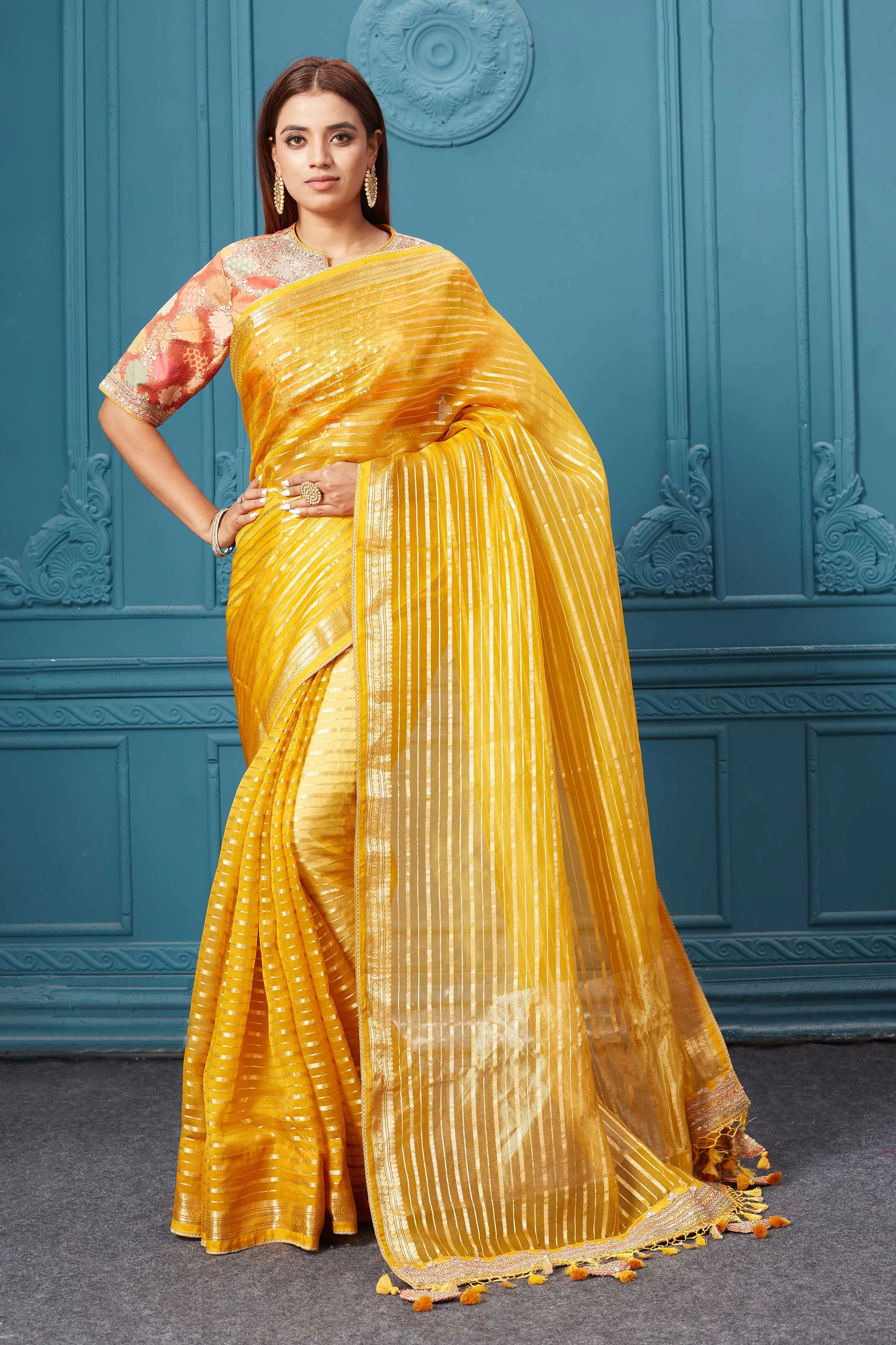 91A046 Yellow Stripes Tissue Kora Silk Saree with Red Saree Blouse