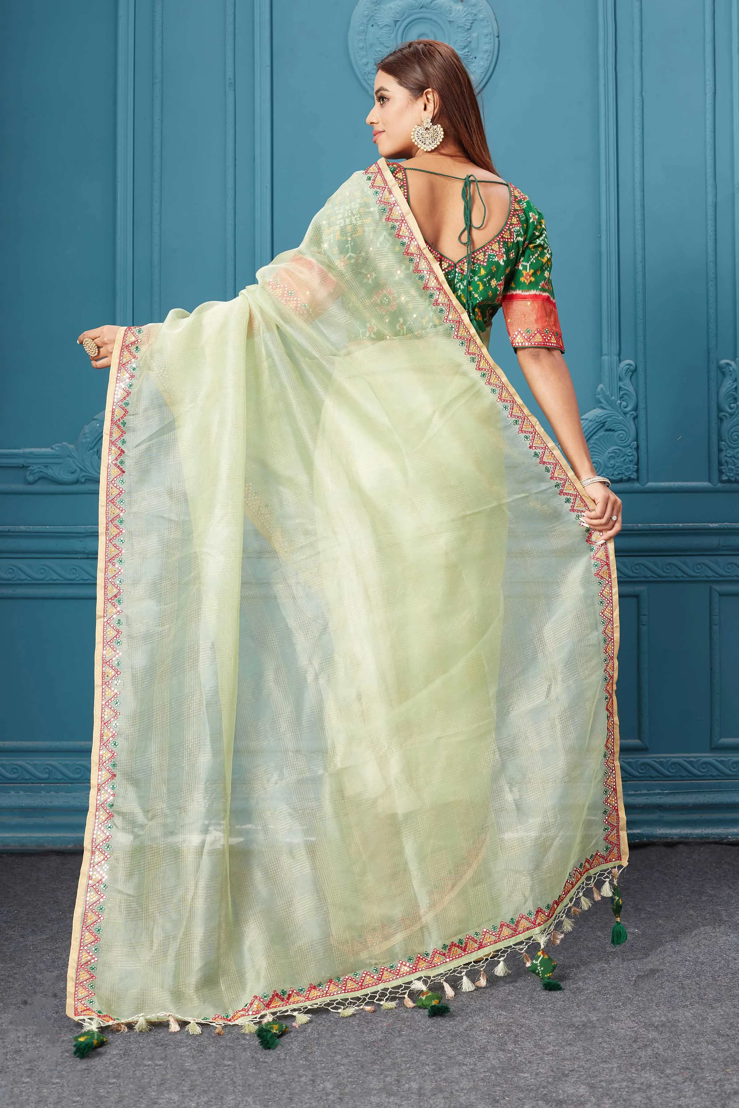 91A048 Pista Green Organza Silk Saree with Green Ikkat Blouse