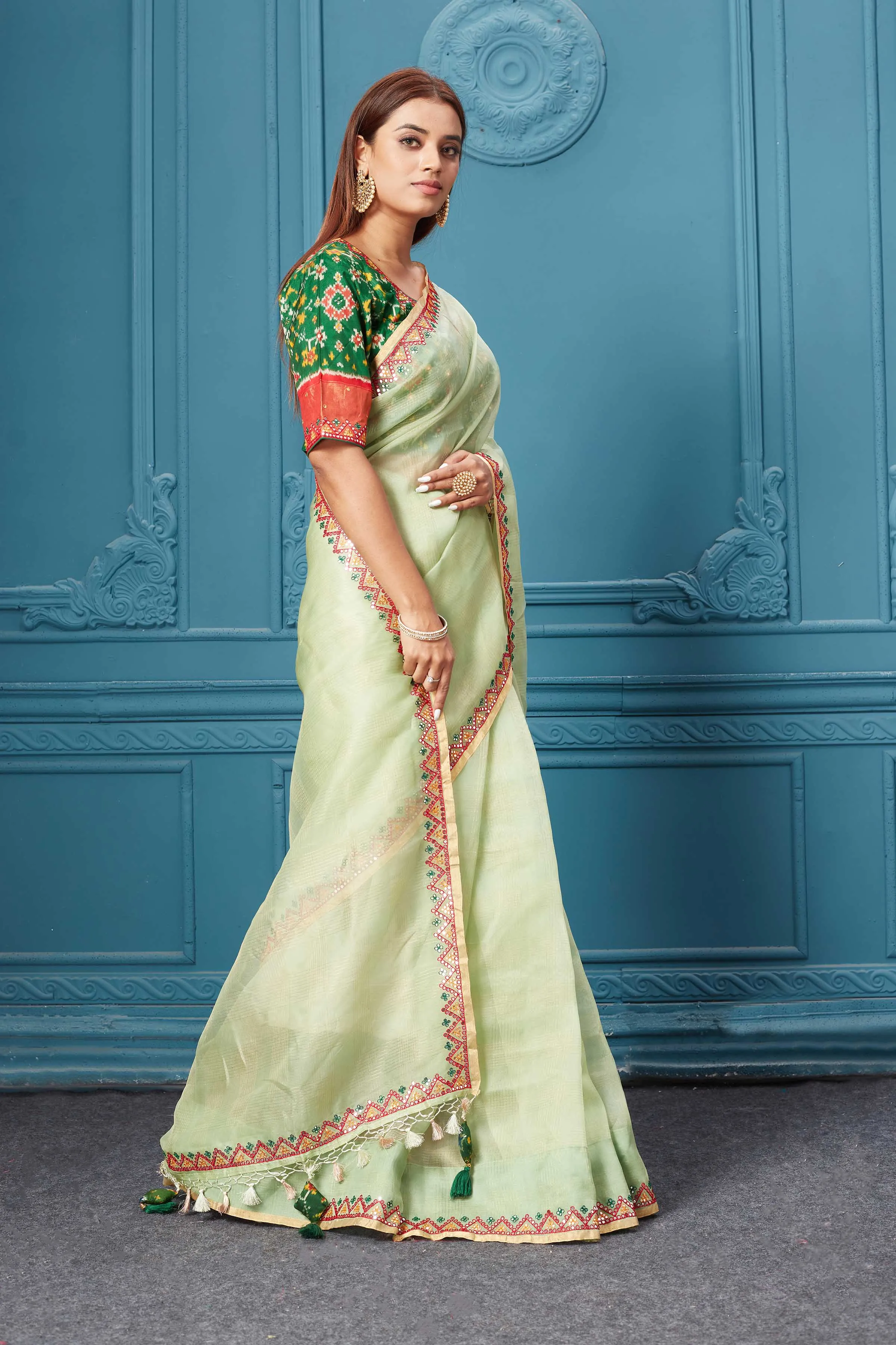 91A048 Pista Green Organza Silk Saree with Green Ikkat Blouse