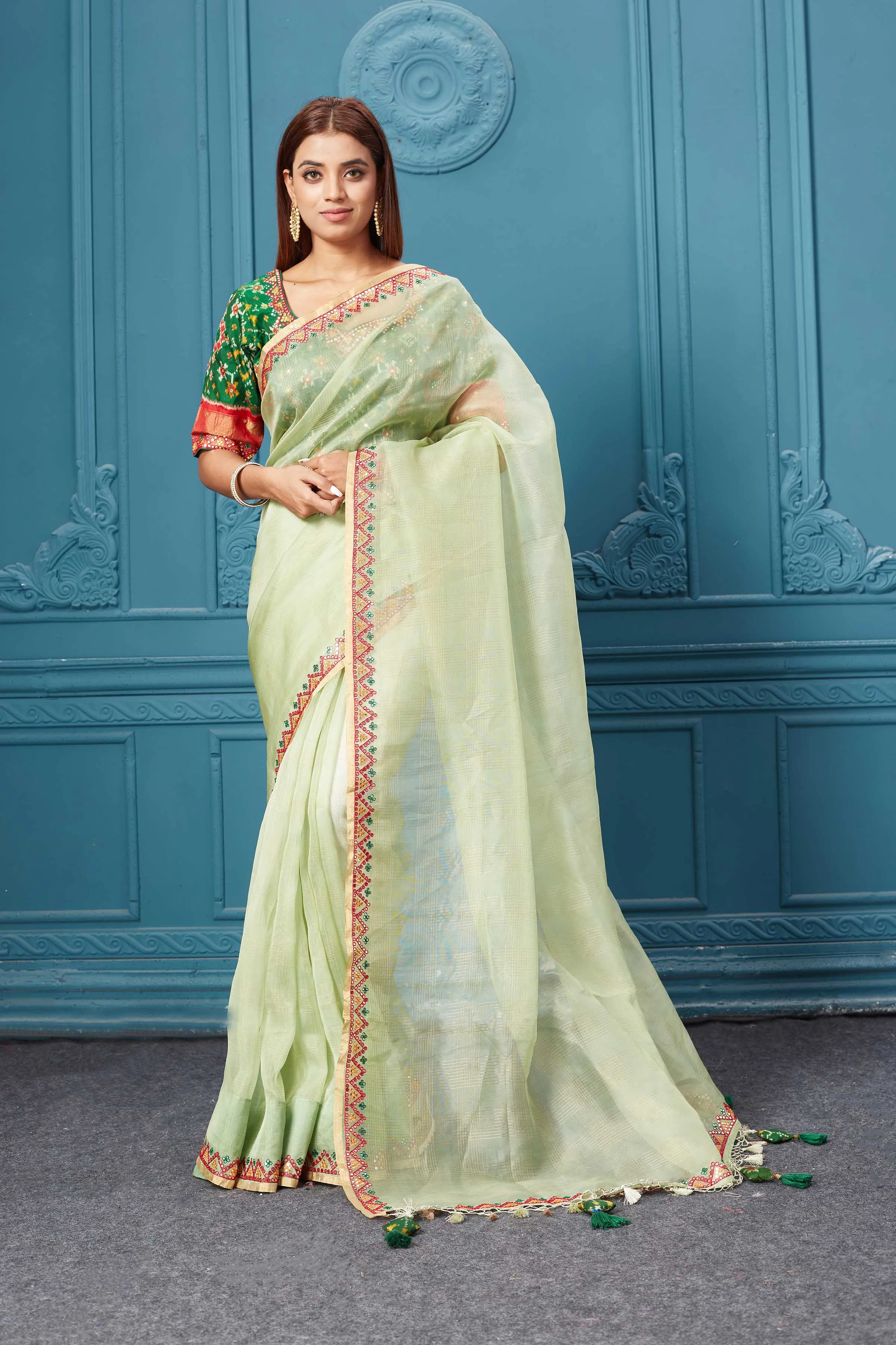 91A048 Pista Green Organza Silk Saree with Green Ikkat Blouse