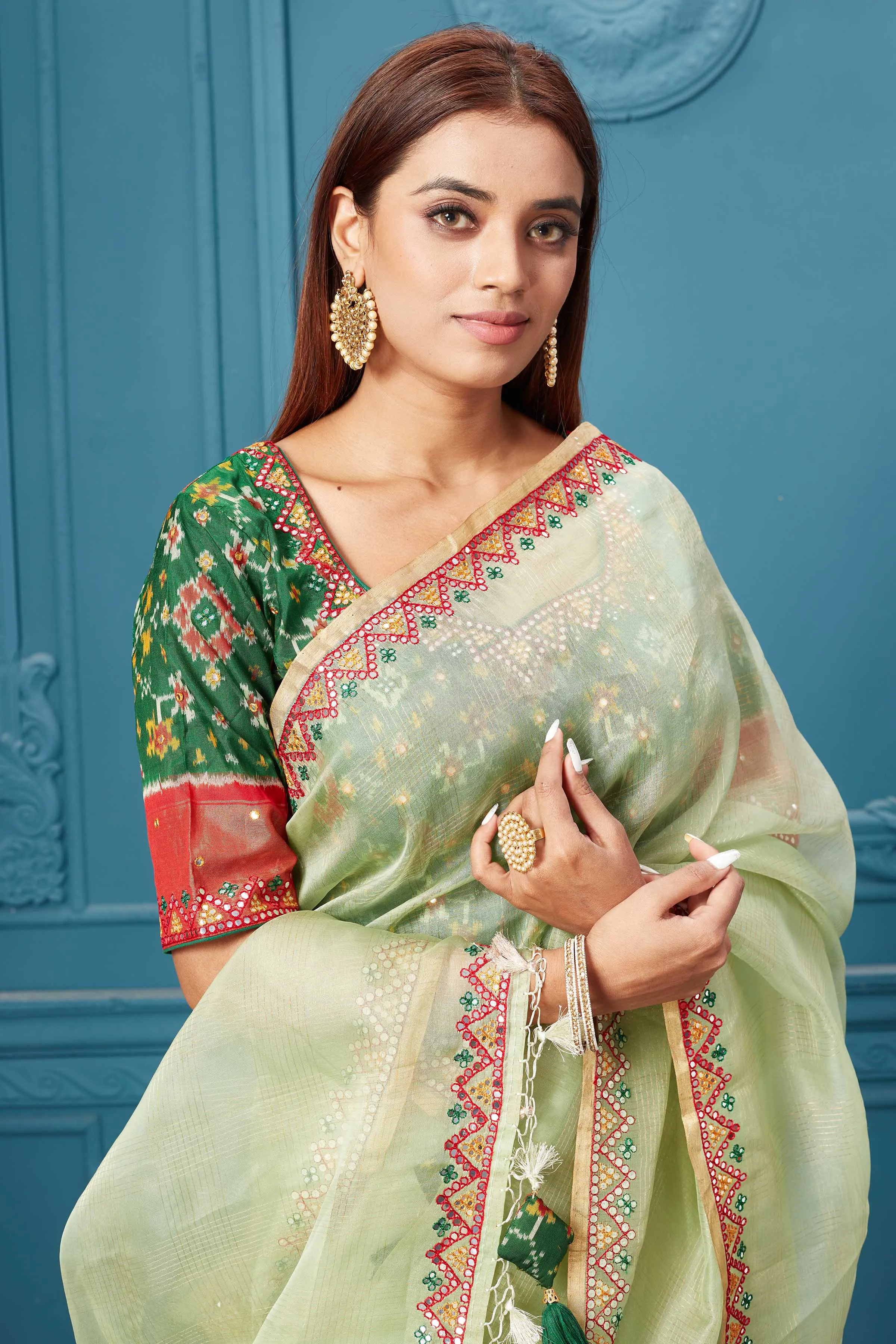 91A048 Pista Green Organza Silk Saree with Green Ikkat Blouse