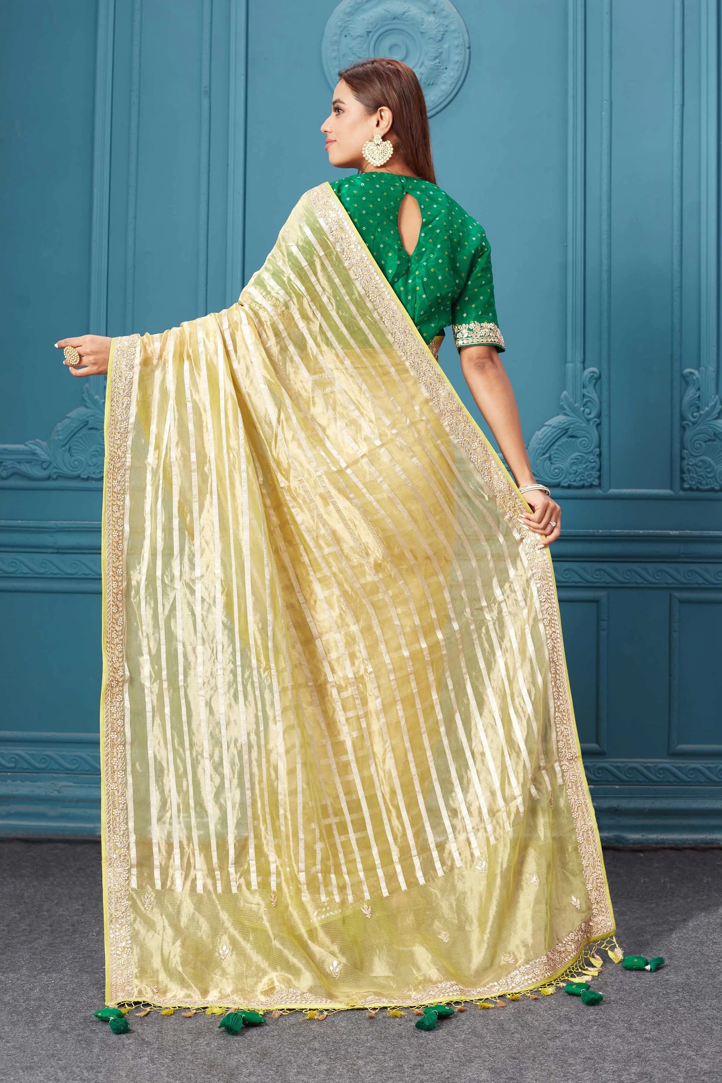 91A052 Yellow Tissue Kora Silk Saree with Green Blouse