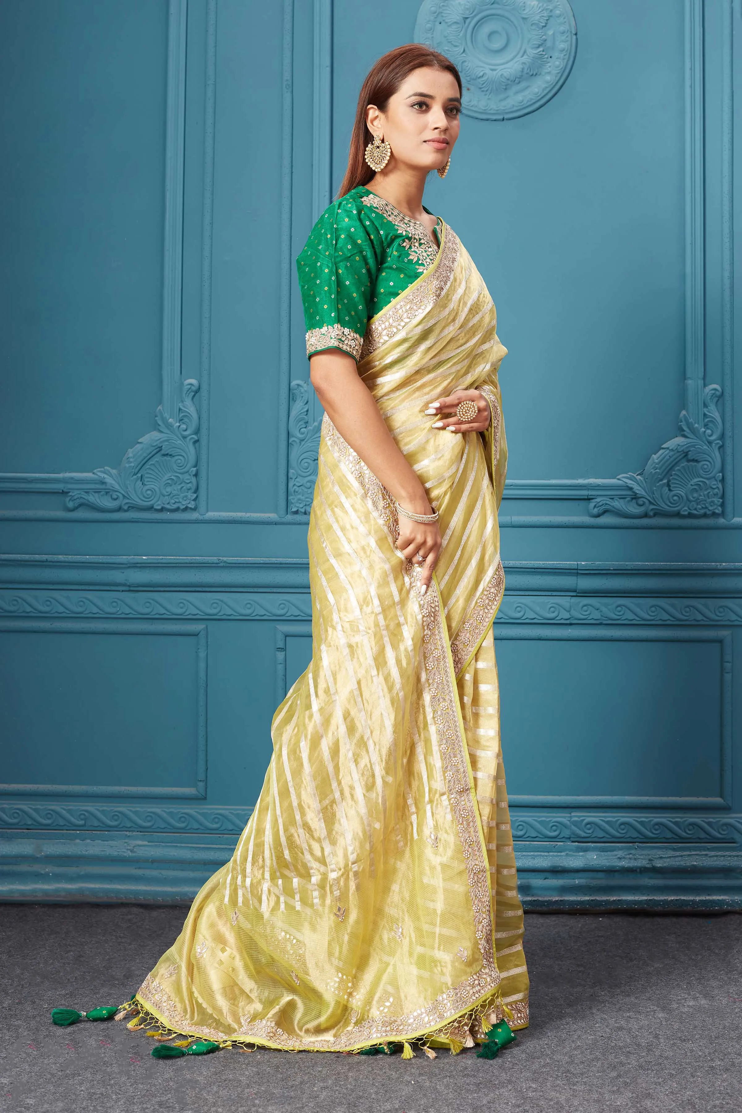 91A052 Yellow Tissue Kora Silk Saree with Green Blouse