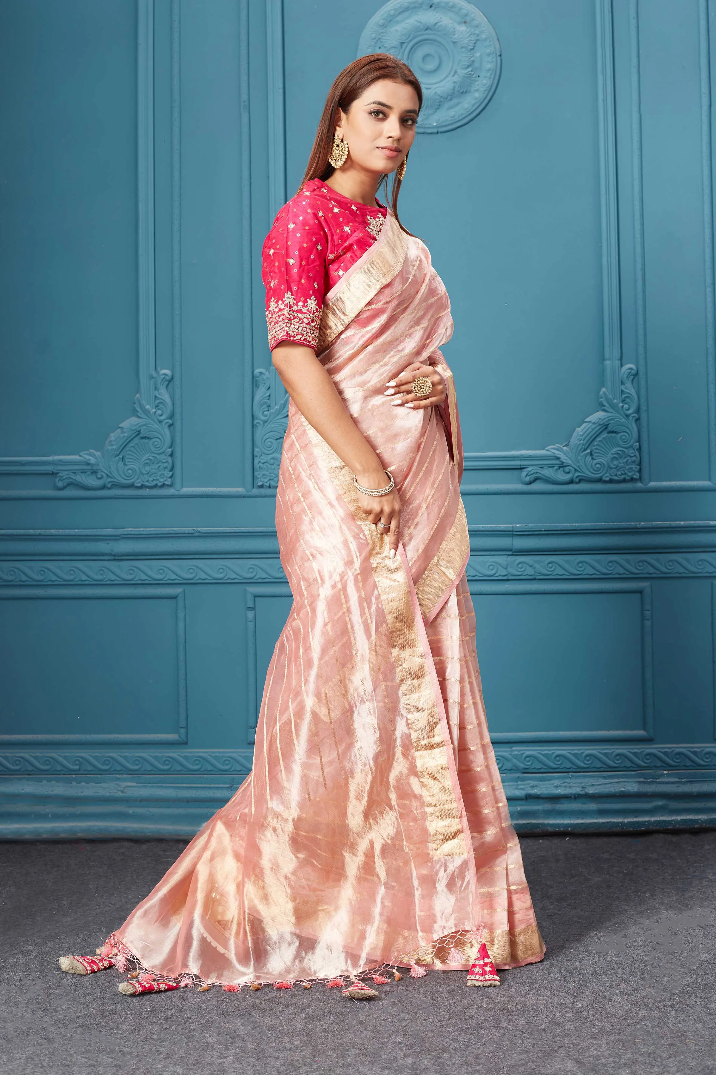 91A076 Light Pink Organza Silk Saree with Pink Embroidered Blouse