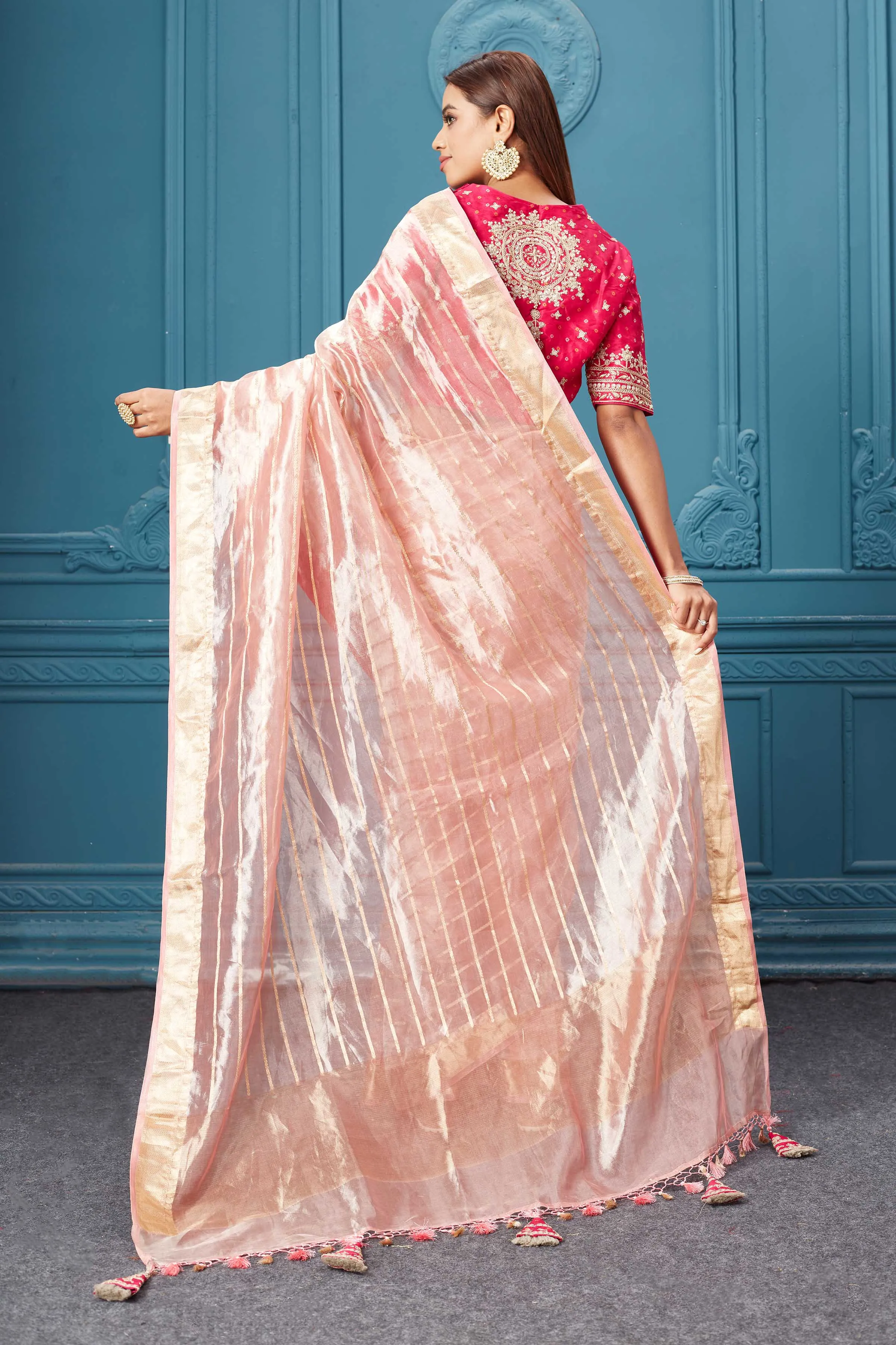 91A076 Light Pink Organza Silk Saree with Pink Embroidered Blouse