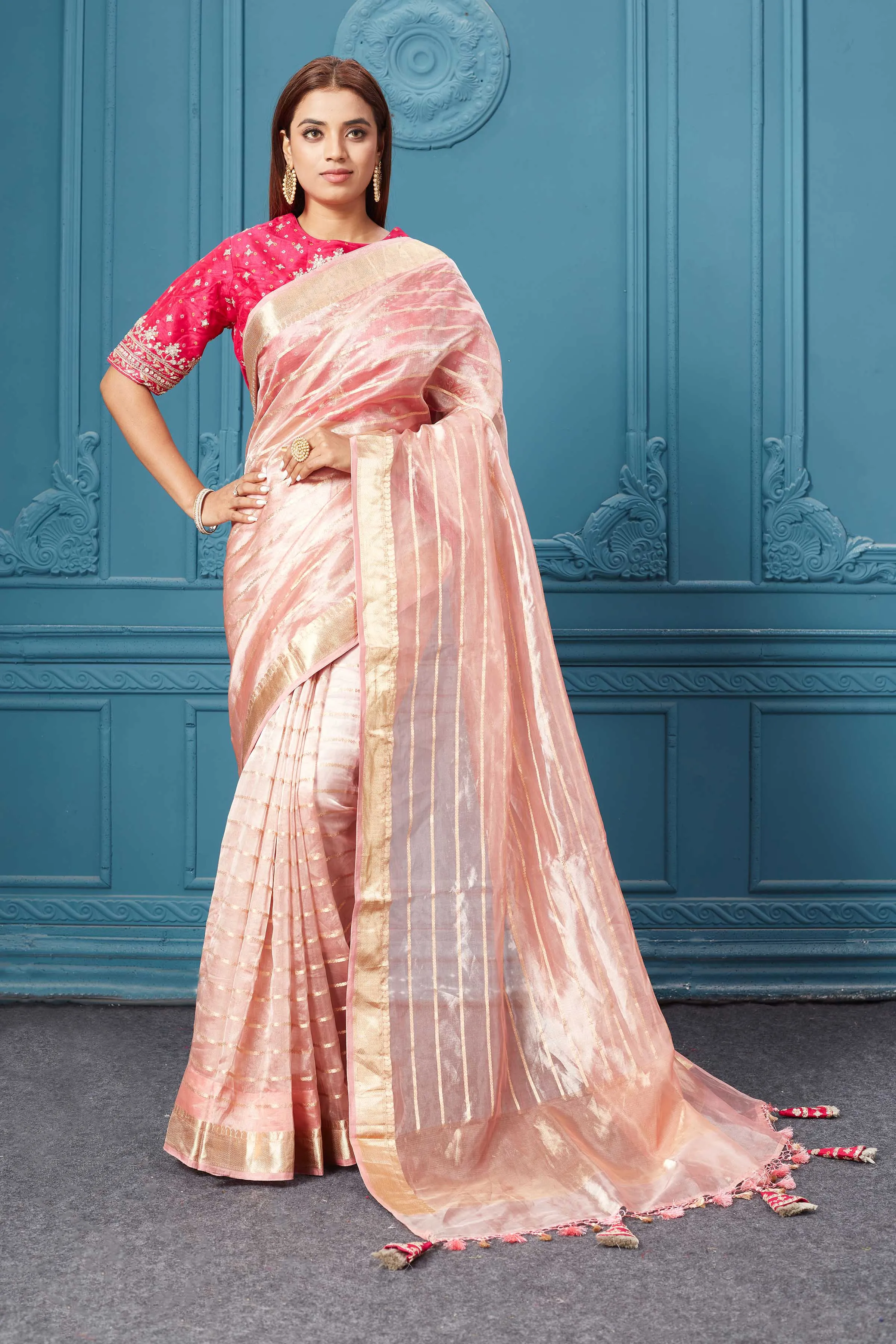 91A076 Light Pink Organza Silk Saree with Pink Embroidered Blouse