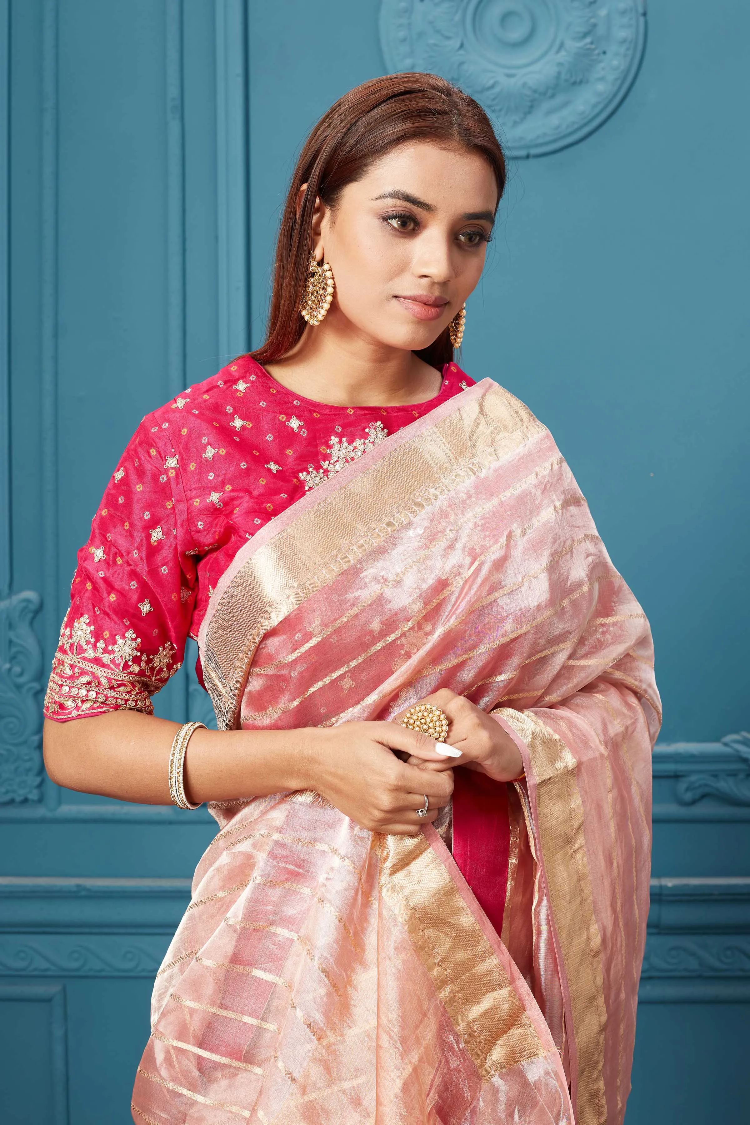 91A076 Light Pink Organza Silk Saree with Pink Embroidered Blouse