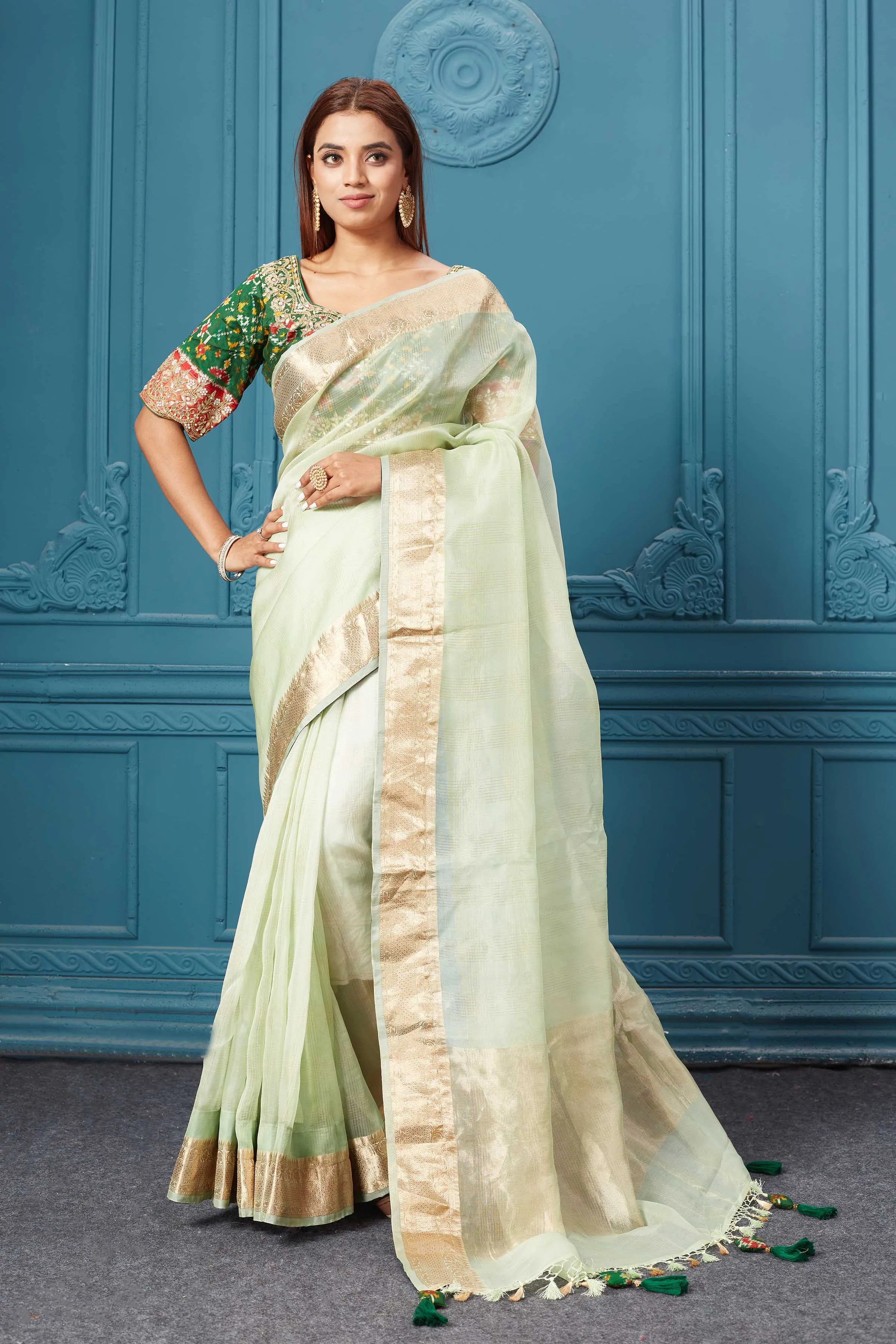 91A084 Pista Green Organza Silk Saree with Green Patola Blouse